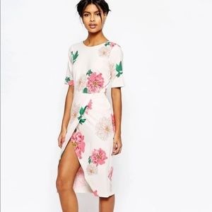 ASOS Occasion Wiggle Dress In Floral Print With Wrap Front Size 16